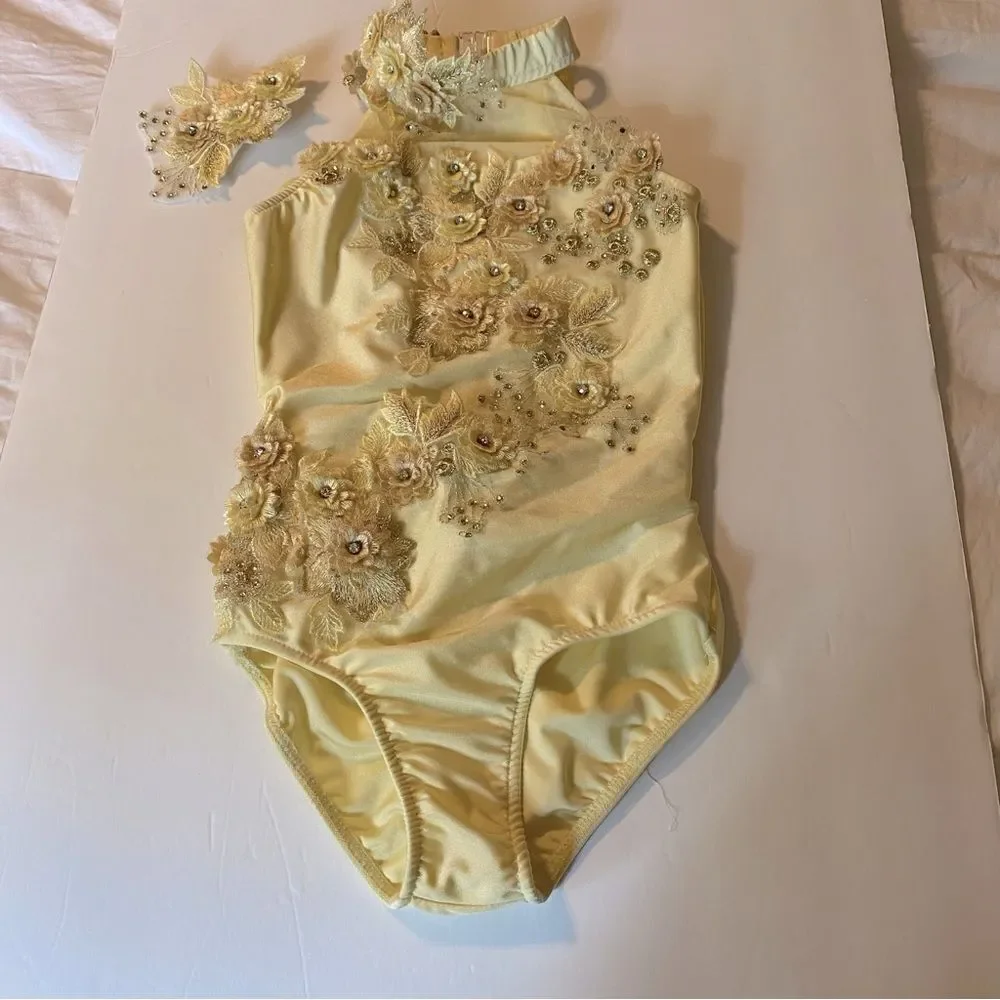 Glamour solo dance costume leotard pale yellow embellished rhinestone lace MC